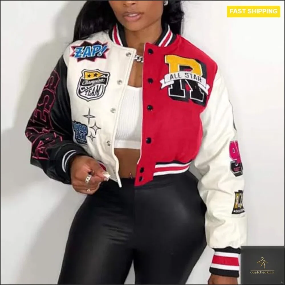 Cropped Varsity Bomber Jacket, Polyester, Fitted, Long Sleeve, Button Front - Picture 3 of 6